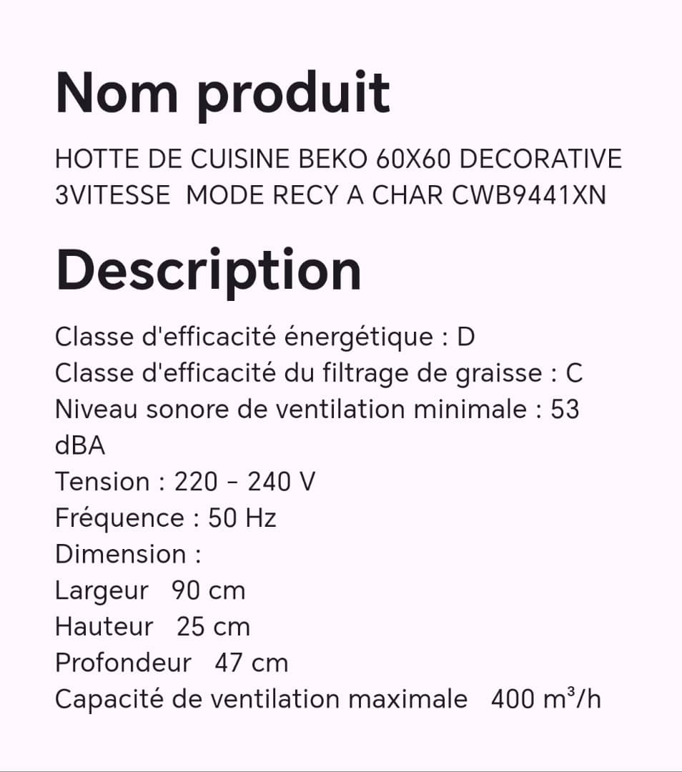 Hotte de cuisine BEKO 60X60 décorative 3vitesse mode RECY à char CWB9441XN