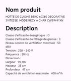 Hotte de cuisine BEKO 60X60 décorative 3vitesse mode RECY à char CWB9441XN