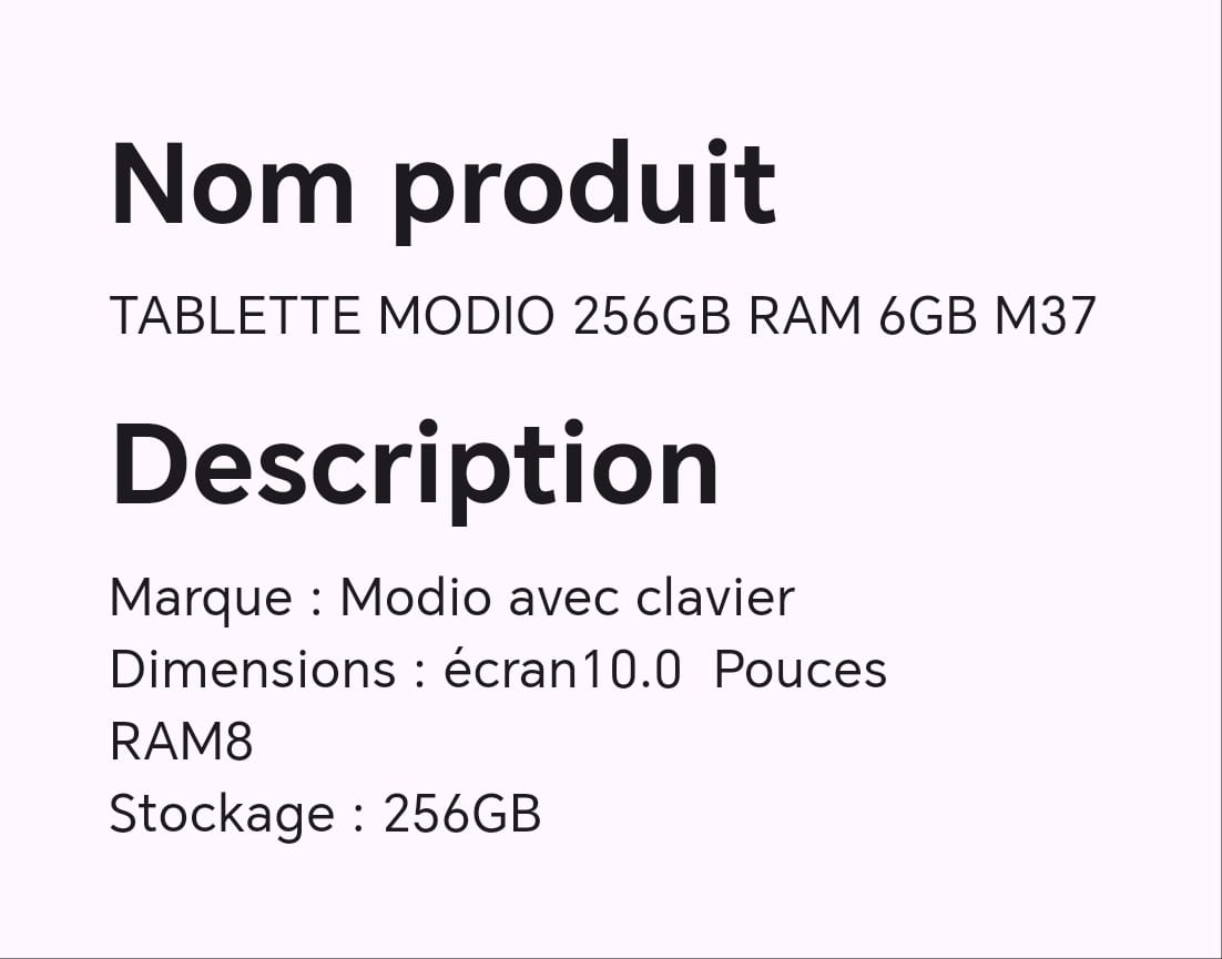 TABLETTE MODIO 256GB RAM 6GB M37