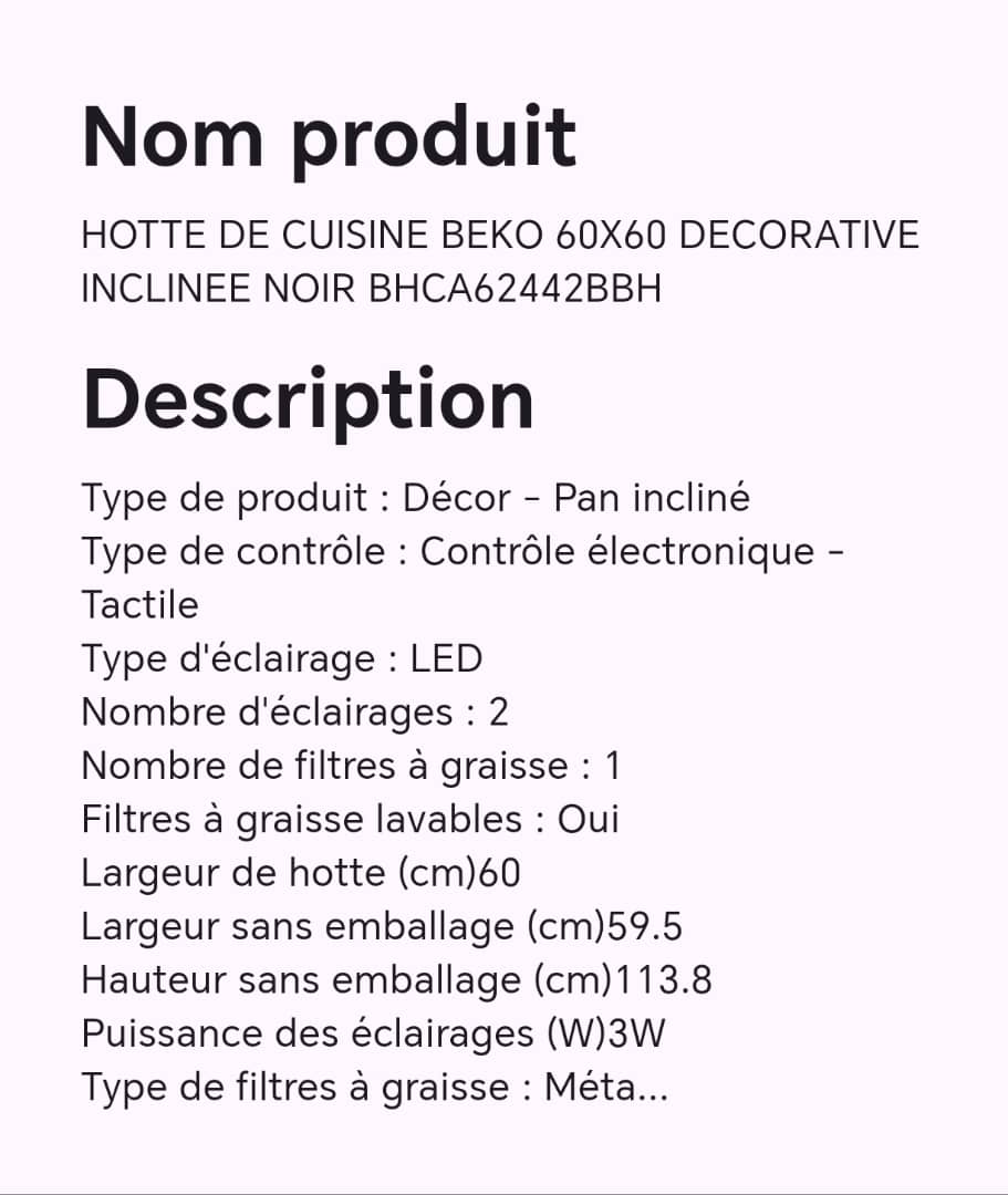 Hotte de cuisine BEKO 60X60 décorative inclinée noir BHCA62442BBH