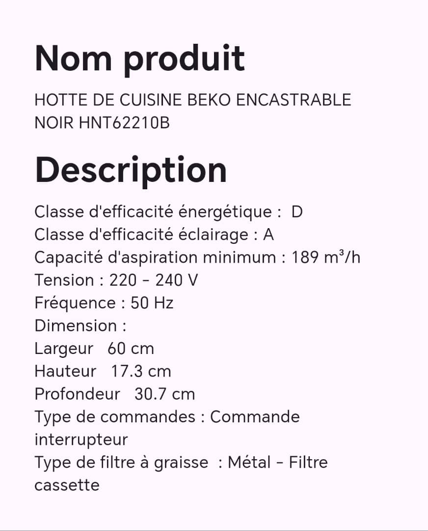 Hotte de cuisine BEKO encastrable noir HNT62210B