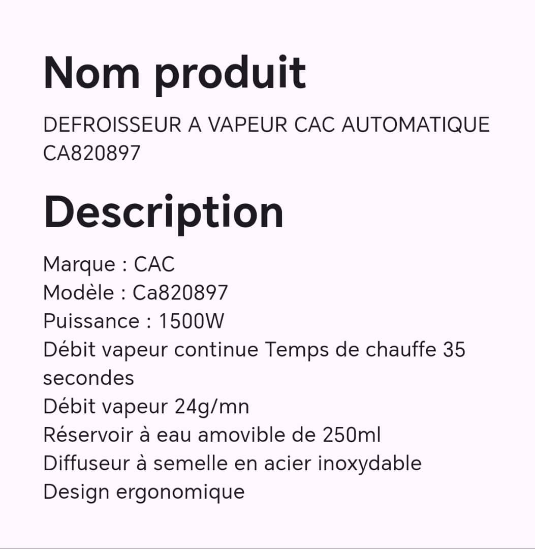 Défroisseur à vapeur CAC automatique CA820897