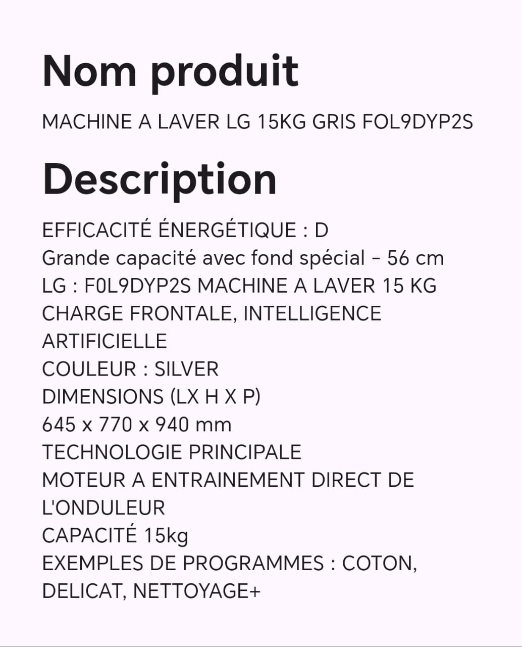 Machine à laver LG 15KG FOL9DYP2S