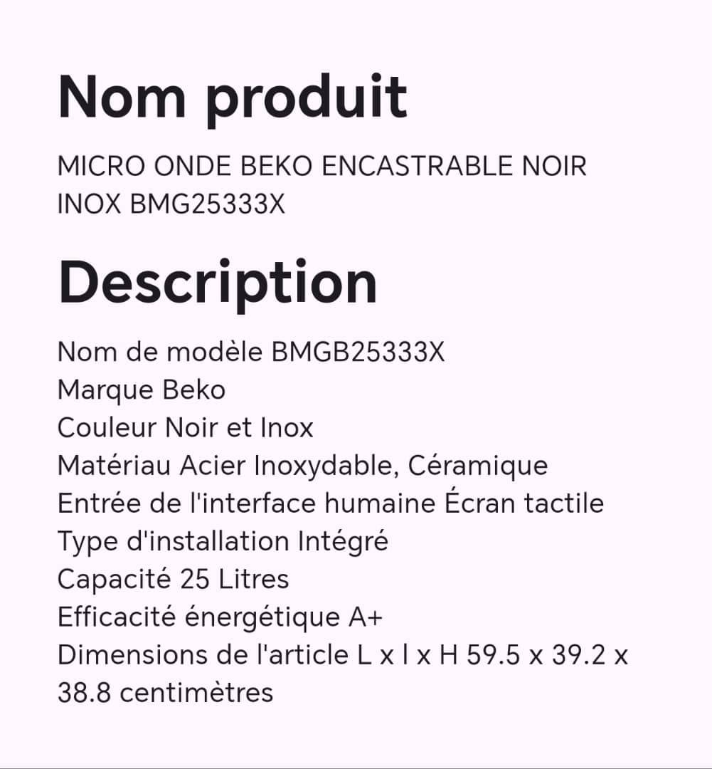 Micro onde BEKO encastrable noir inox BMG25333X