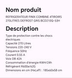 Réfrigérateur FINIX combine 4tiroirs 270litres DEFROST gris BCD210Q-53H