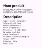 CONGELATEUR SMART TECHNOLOGY HORIZONTAL 400LITRES GRIS STCC385