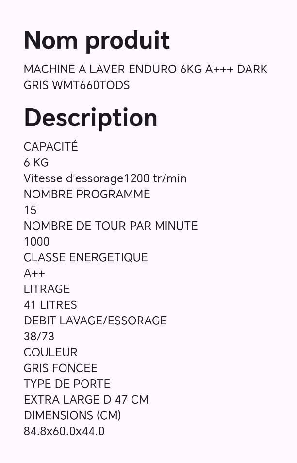 Machine à laver ENDURO 6kg A+++ DARK gris WMT660TODS