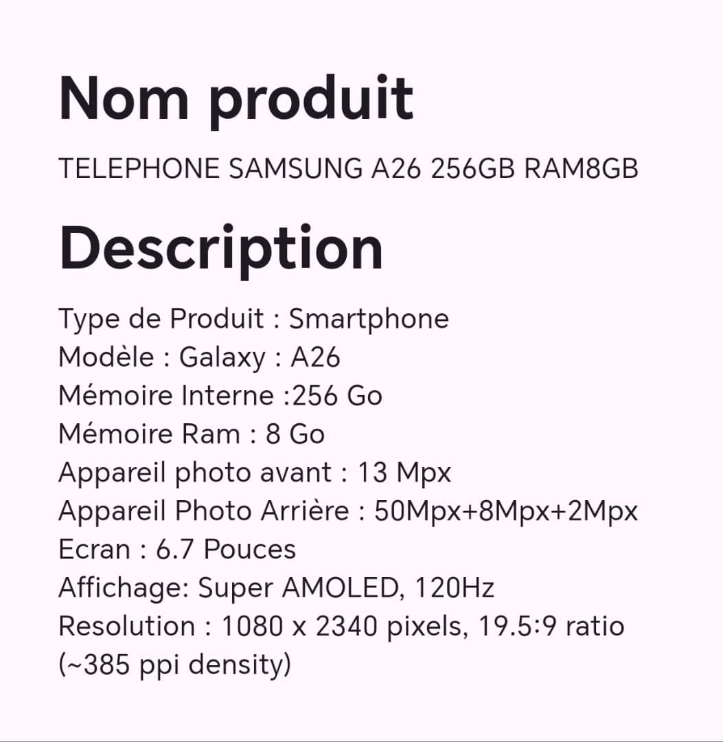 Téléphone SAMSUNG A26 256GB RAM8GB