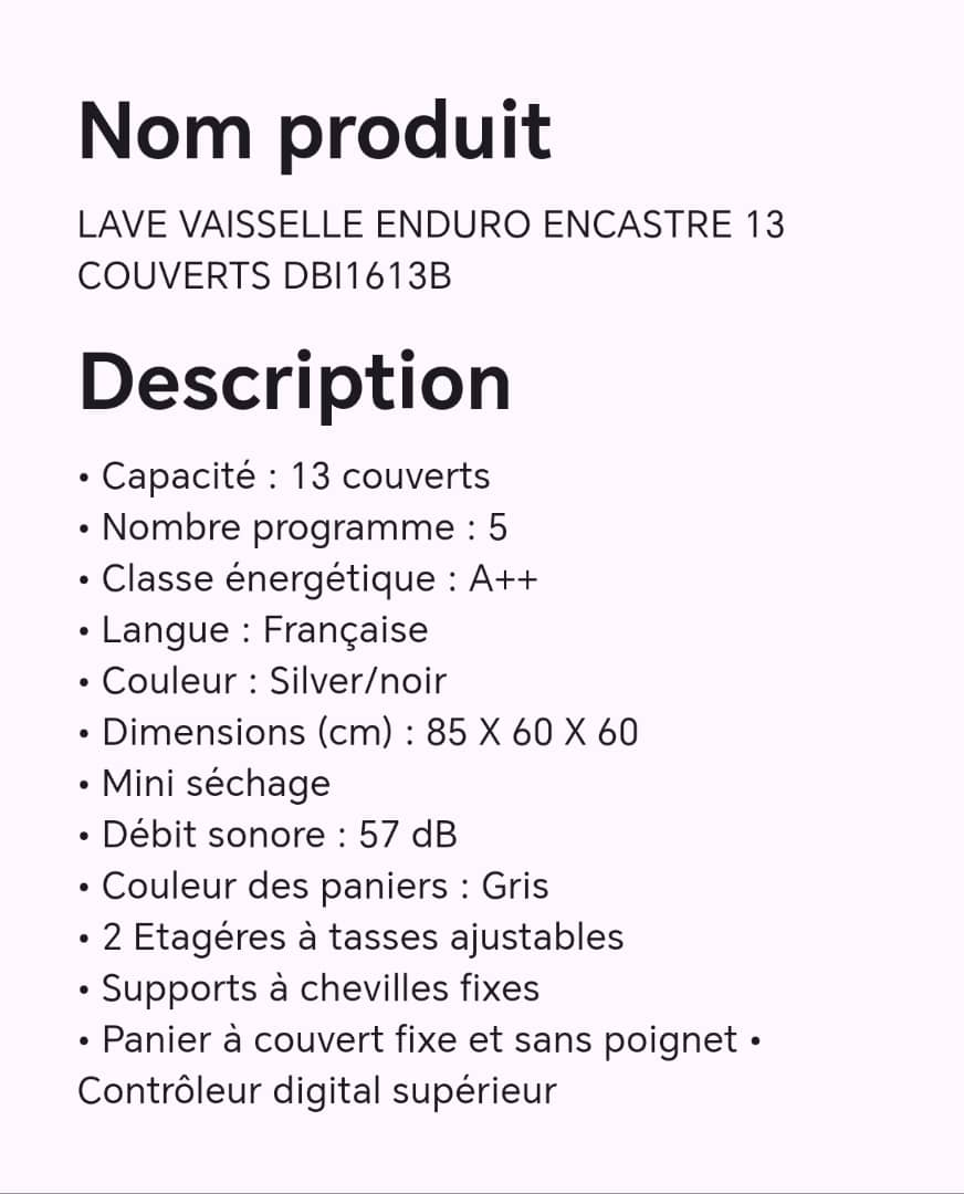 Lave vaisselle ENDURO encastrable 13 couverts DBl1613B