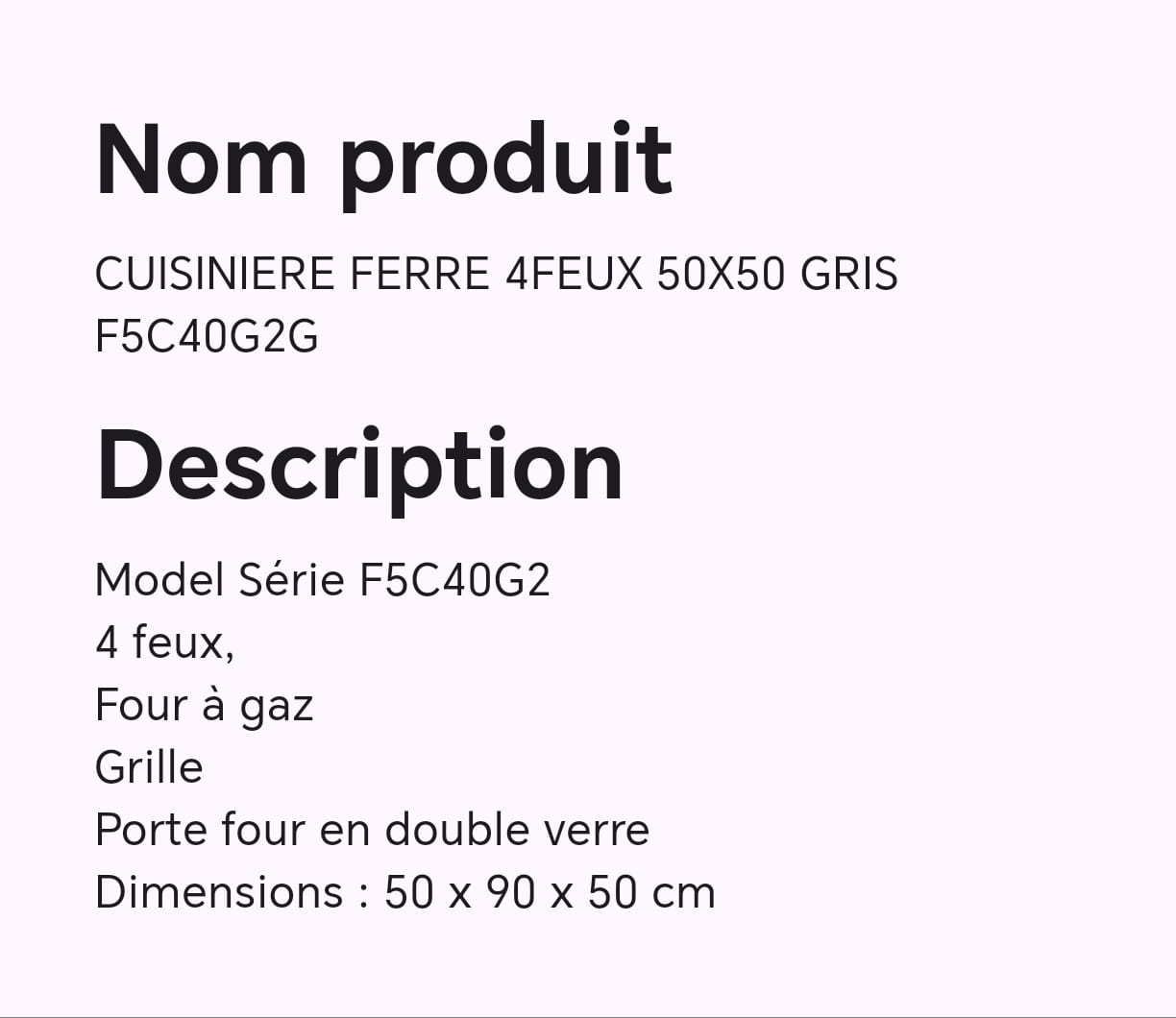 Cuisinière FERRE 4feux 50X50 GRIS F5C40G2G