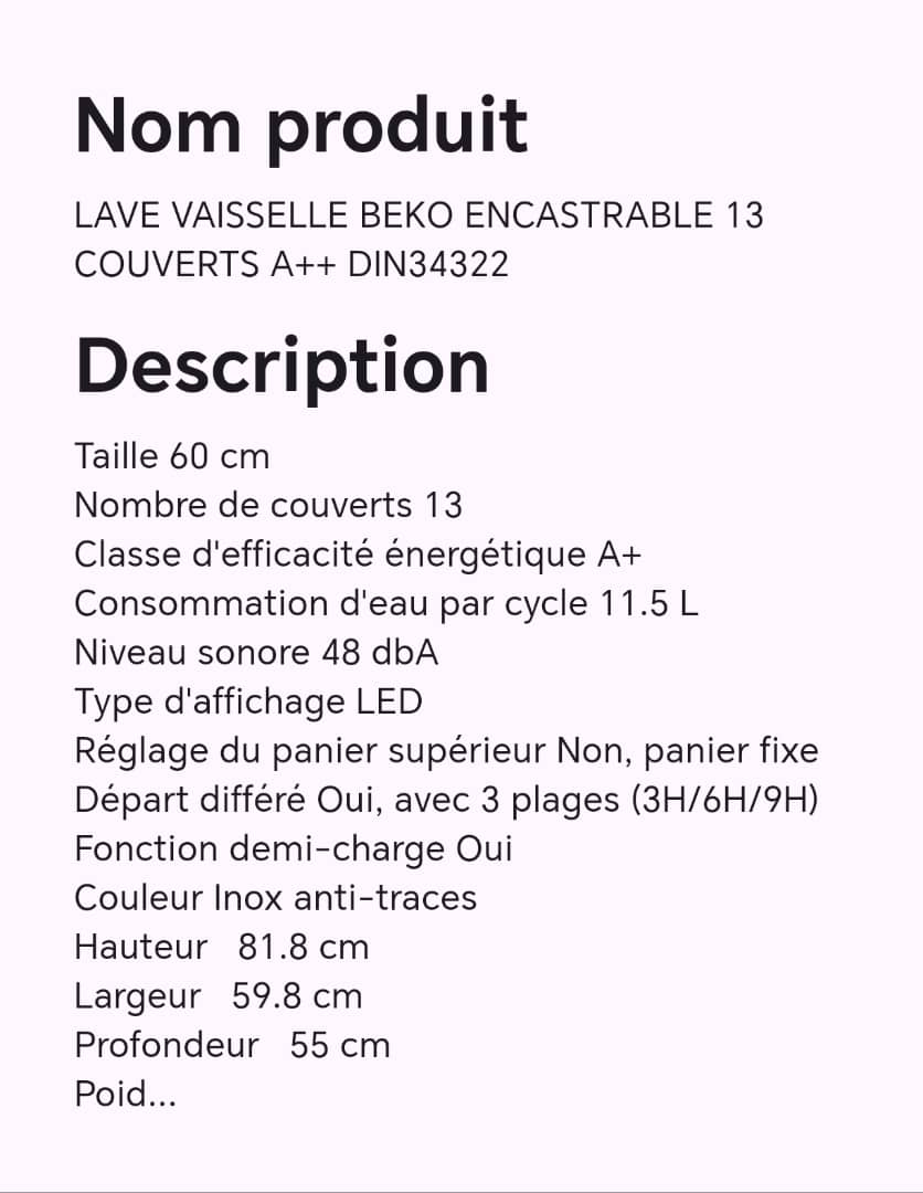 Lave vaisselle BEKO encastrable 13 couverts A++ DIN34322