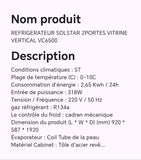 Réfrigérateur SOLSTAR 2portes vitrine vertical VC6500