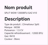 SPLIT WOW 12000BTU GAZ 410