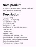 REFRIGERATEUR HITACHI COMBINE 2PORTES 550LITRES NOIR RW6907PB