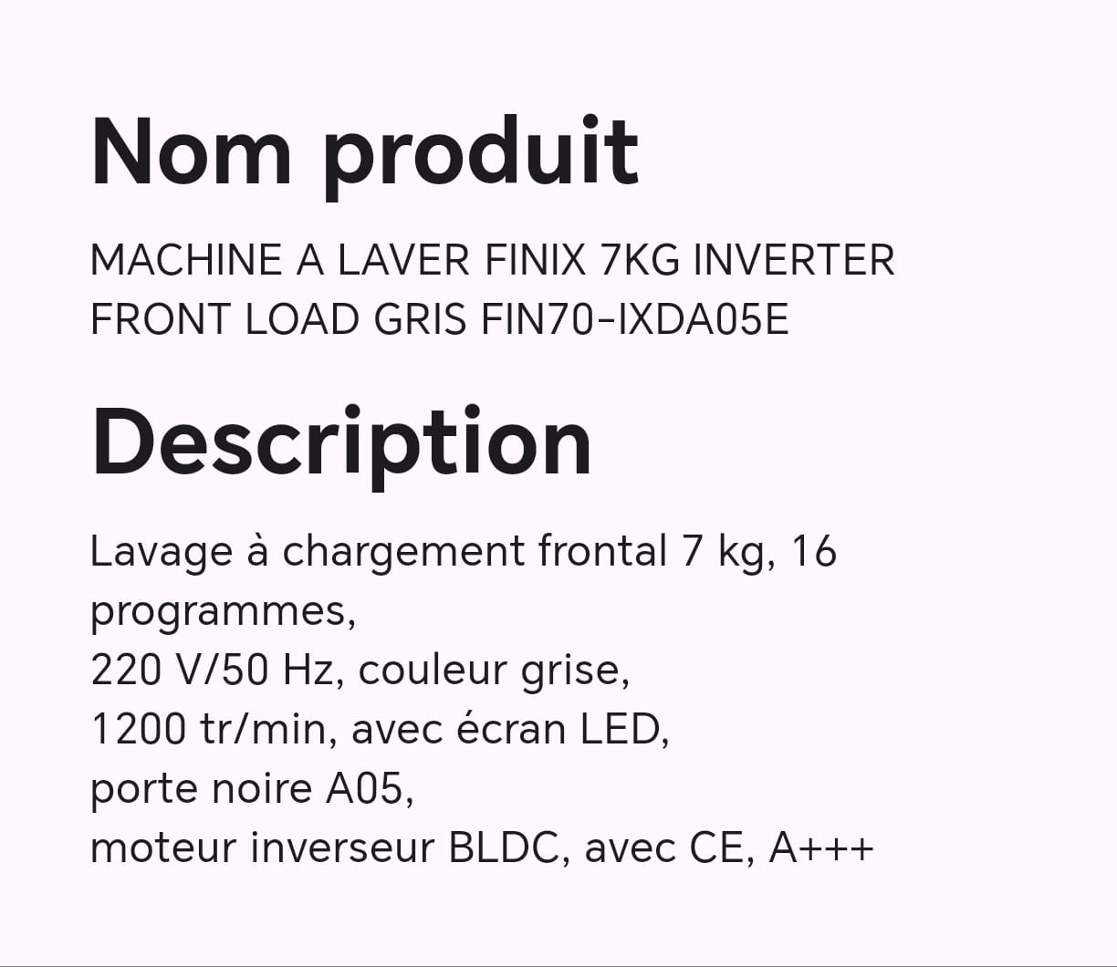 Machine à laver FINIX 7kg INVERTER front load gris FIN70-IXDA05E