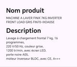 Machine à laver FINIX 7kg INVERTER front load gris FIN70-IXDA05E