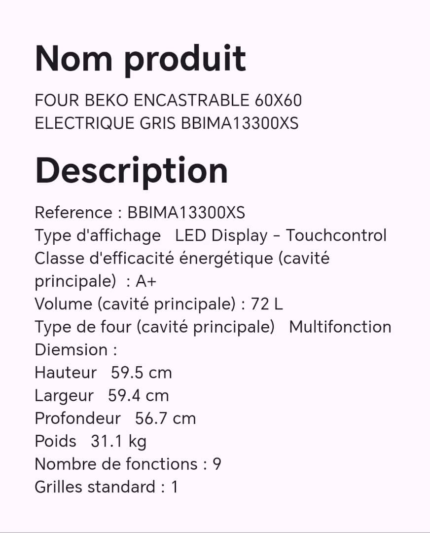 Four BEKO encastrable 60X60 électrique gris BBlMA13300XS