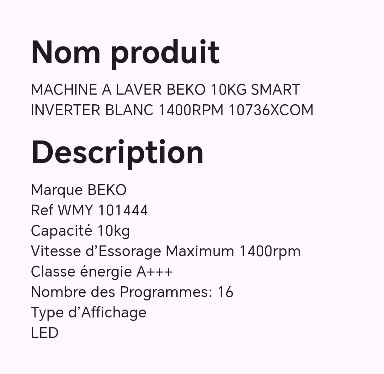 MACHINE A LAVER BEKO 10KG SMART INVERTER BLANC 1400RPM 10736XCOM