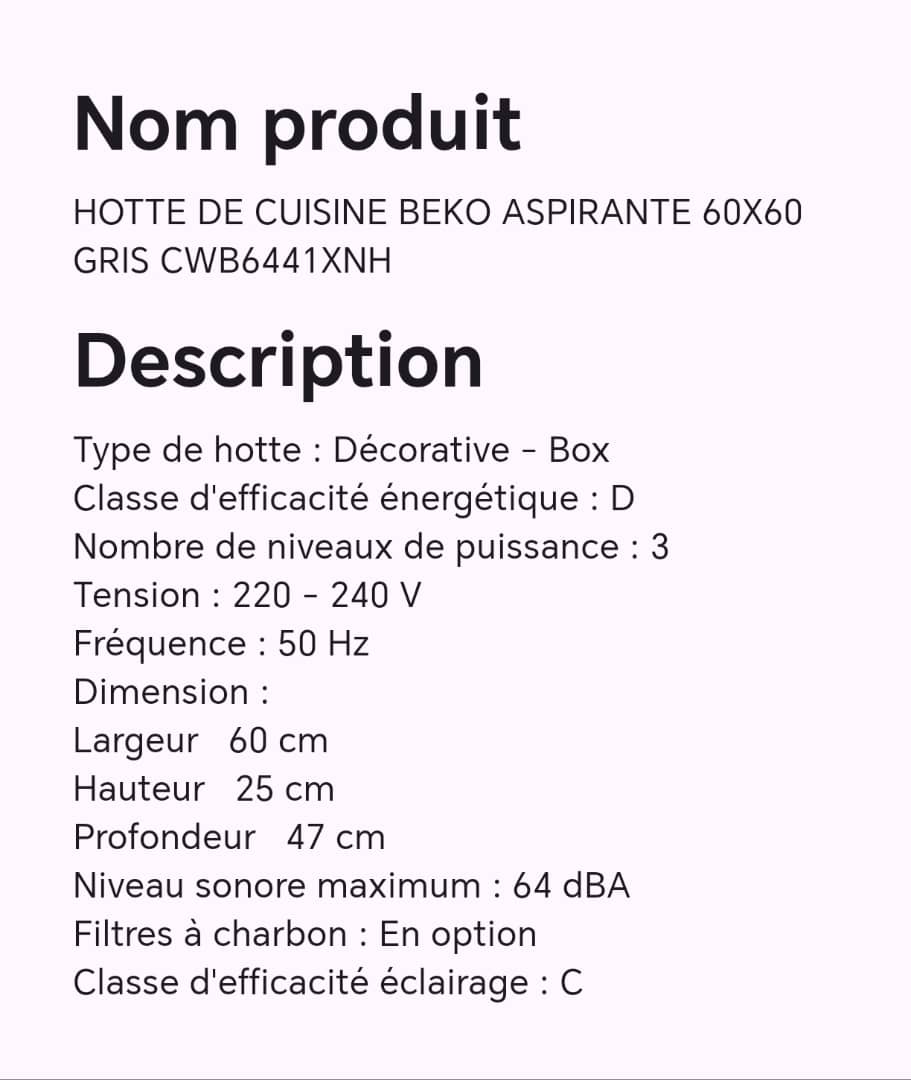 Hotte de cuisine BEKO aspirante 60X60 gris CWB6441XNH