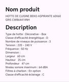 Hotte de cuisine BEKO aspirante 60X60 gris CWB6441XNH