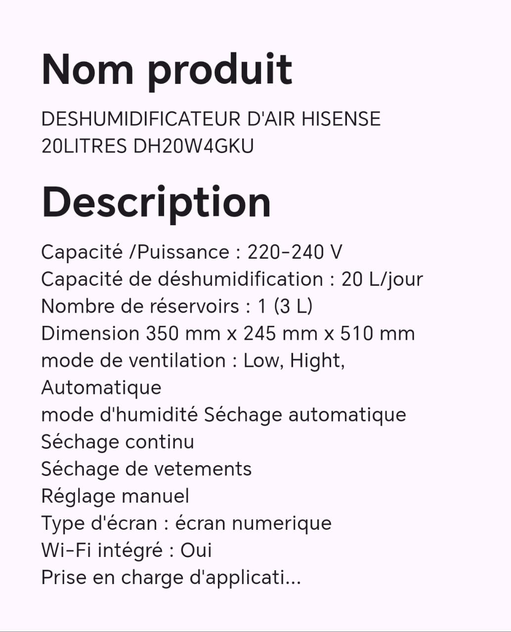 Déshumidificateur d'air HISENSE 20litres DH20W4GKU