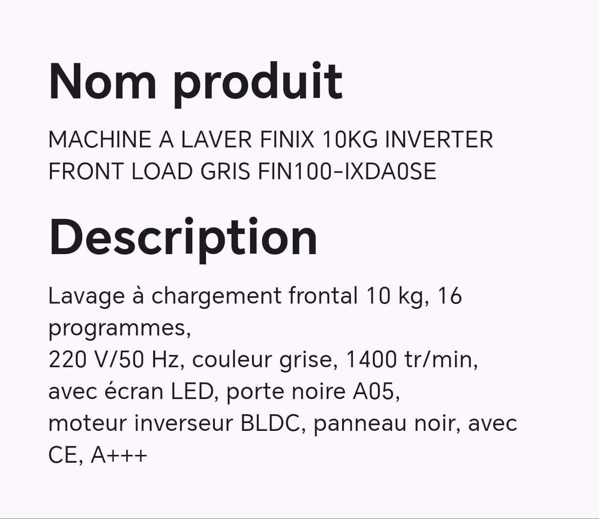 Machine à laver FINIX 10kg inverter front load gris FIN100-IXDA0SE