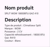 SPLIT WOW 18000BTU GAZ 410