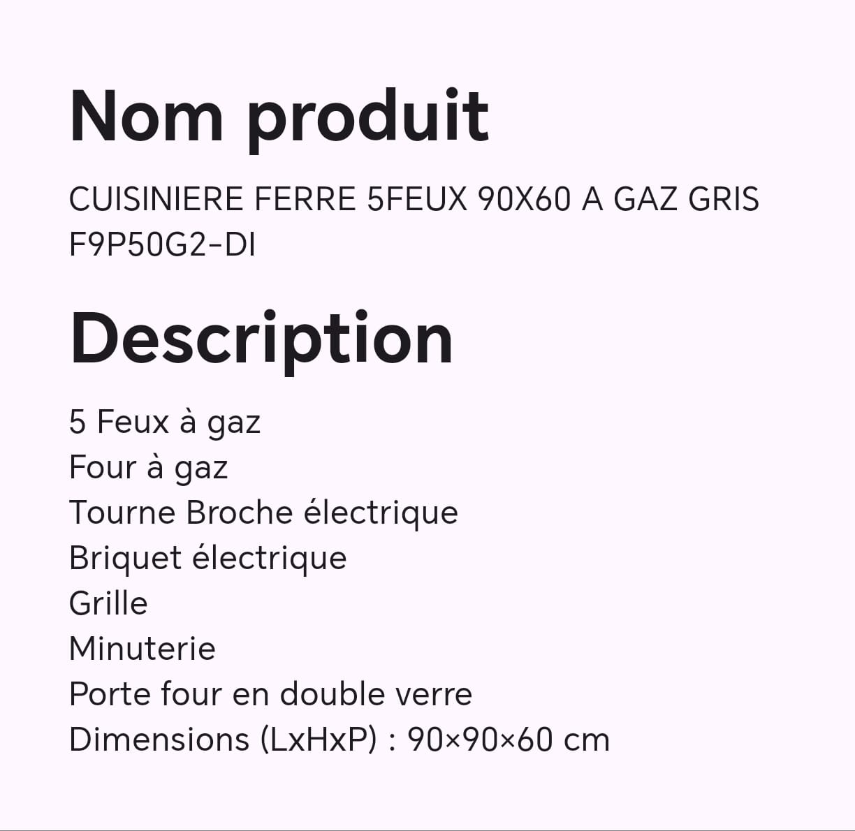 Cuisinière FERRE 5feux 90X60 à gaz gris F9P50G2-DI