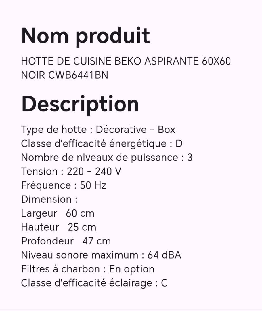 Hotte de cuisine BEKO Aspirante 60X60 noir CWB6441BN