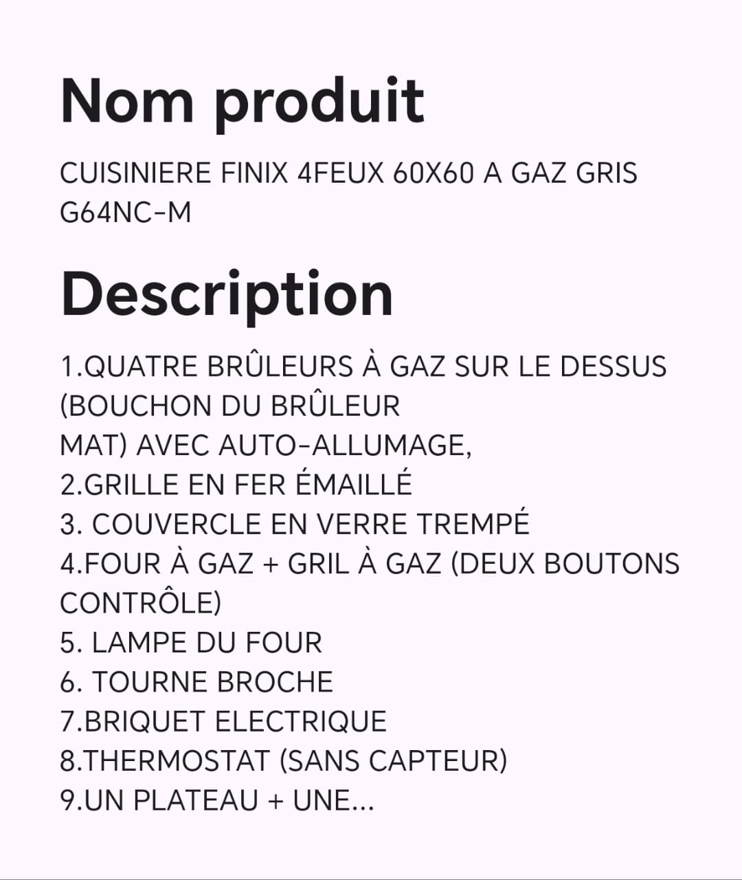 Cuisinière FINIX 4feux 60X60 à gaz gris G64NC-M