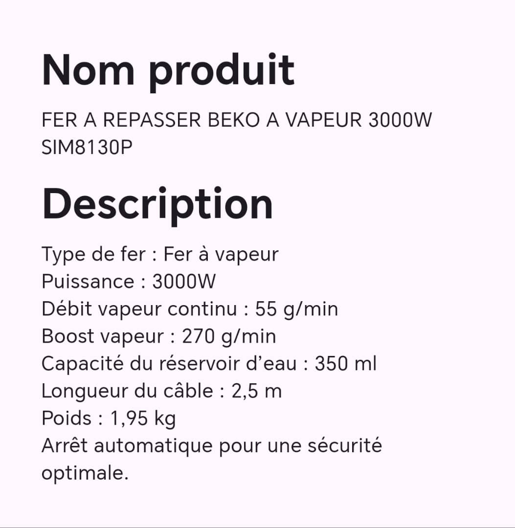 Fer à repasser BEKO à Vapeur 3000W SIM8130P