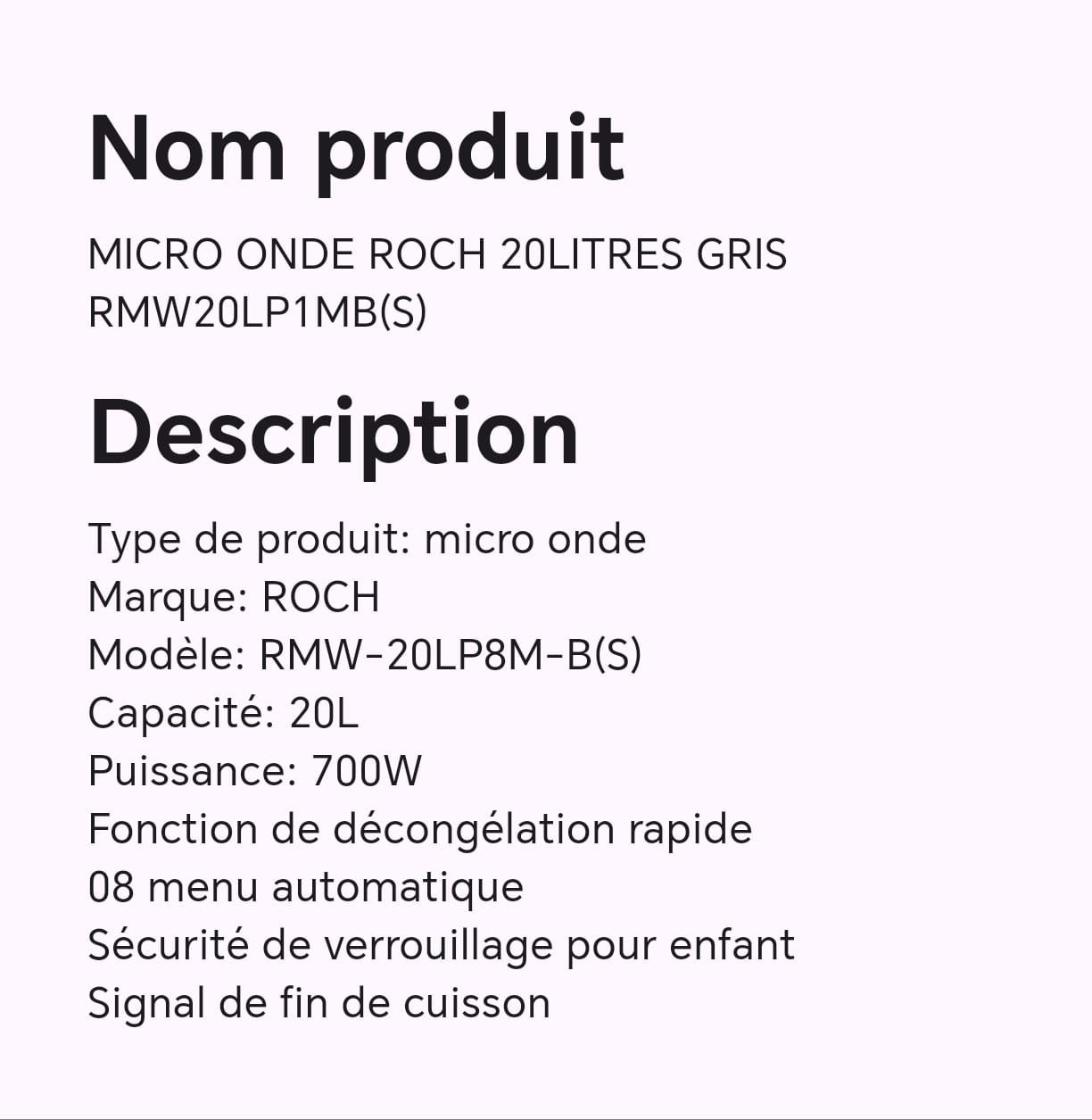 Micro onde ROCH 20Litres gris RMW20LP1MB (S)