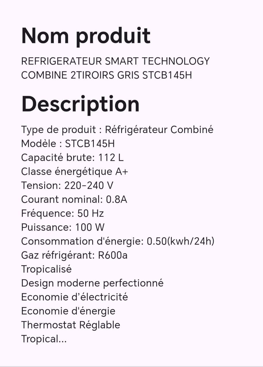 Réfrigérateur smart technology combine 2 tiroirs gris STCB145H