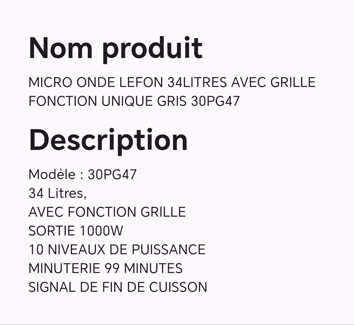 MIcro onde LEFON 34litre avec grille fonction unique gris 30 PG47