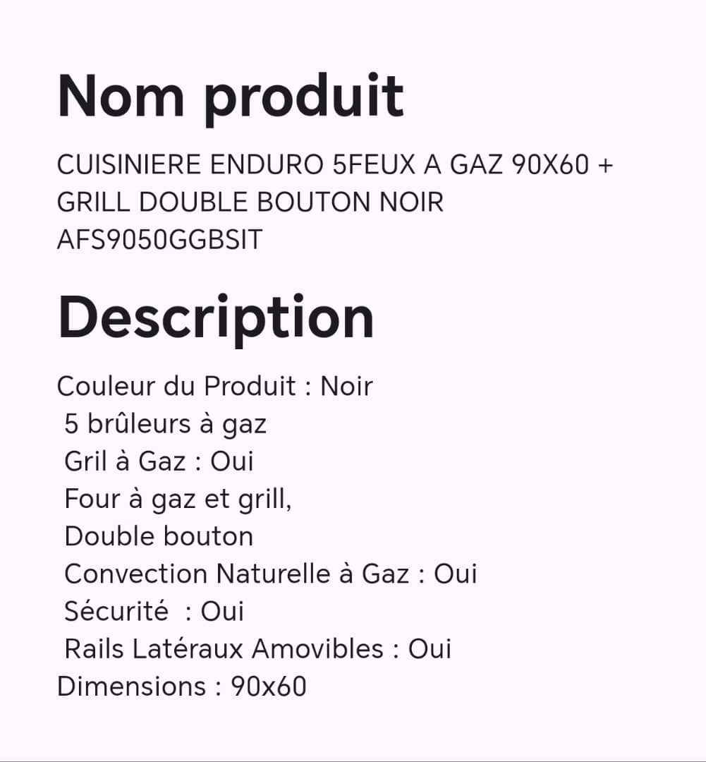 Cuisinière enduro 5feux à gaz 90X60 + grill double bouton noir AFS9050GGBSIT