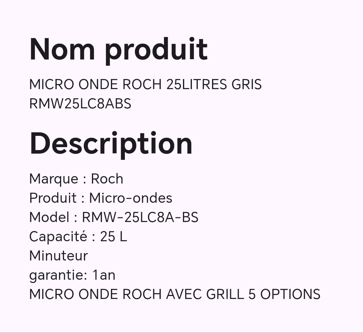 Micro onde ROCH 25 litres gris RMW25LC8ABS