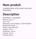 CUISINIERE BEKO 4FEUX 60X60 A GAZ INOX FSG62000GS