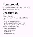 TELEVISEUR HISENSE 100" SMART VIDA ULED QUANTUM DOT 4K 100U7K
