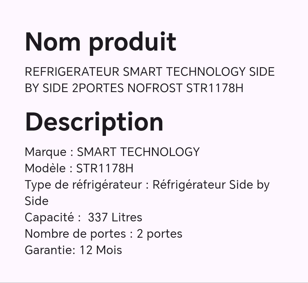 Réfrigérateur smart technology SIDE BY SIDE 2 portes NOFROST STR1178H