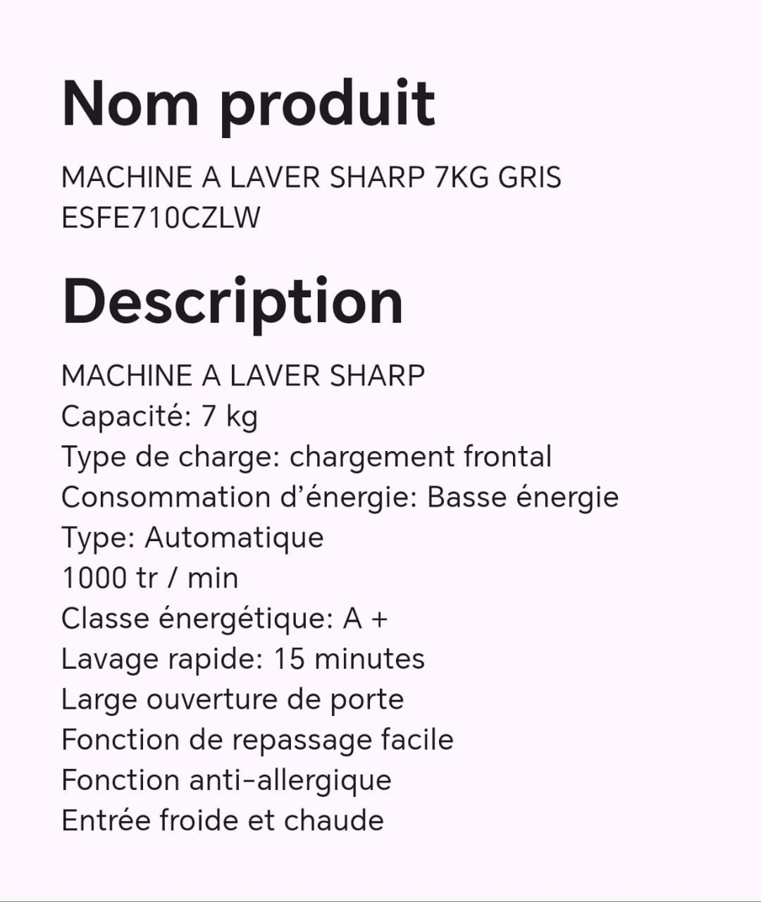 Machine à laver SHARP 7KG gris ESFE710CZLW