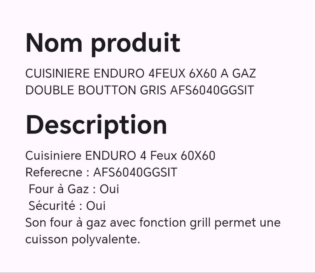 Cuisiniere enduro 4feux 6X60 à gaz double boutton gris AFS6040GGSIT