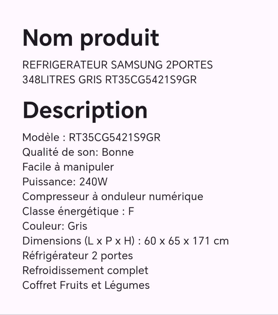 Réfrigérateur SAMSUNG 2portes 348 litres+ gris RT35CG5421S9GR
