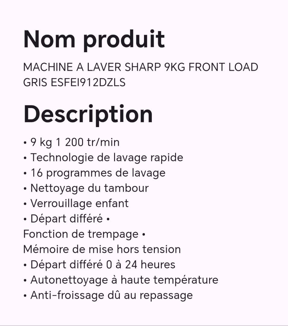 Machine à laver SHARP 9KG FRONT LOAD