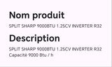SPLIT SHARP 9000BTU 1.25CV INVERTER R32