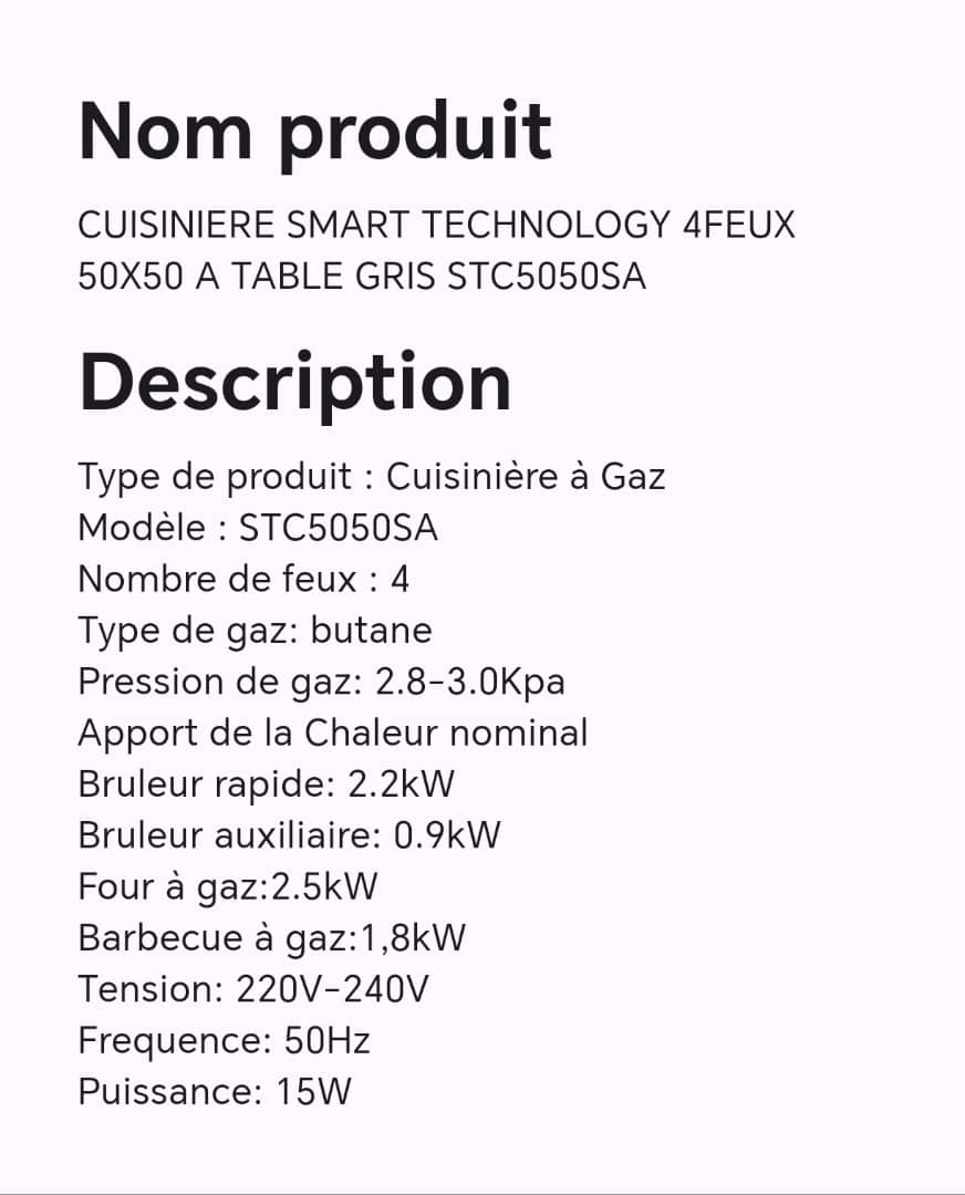 Cuisinière smart technology 4 feux 50X50 à table gris STC5050A