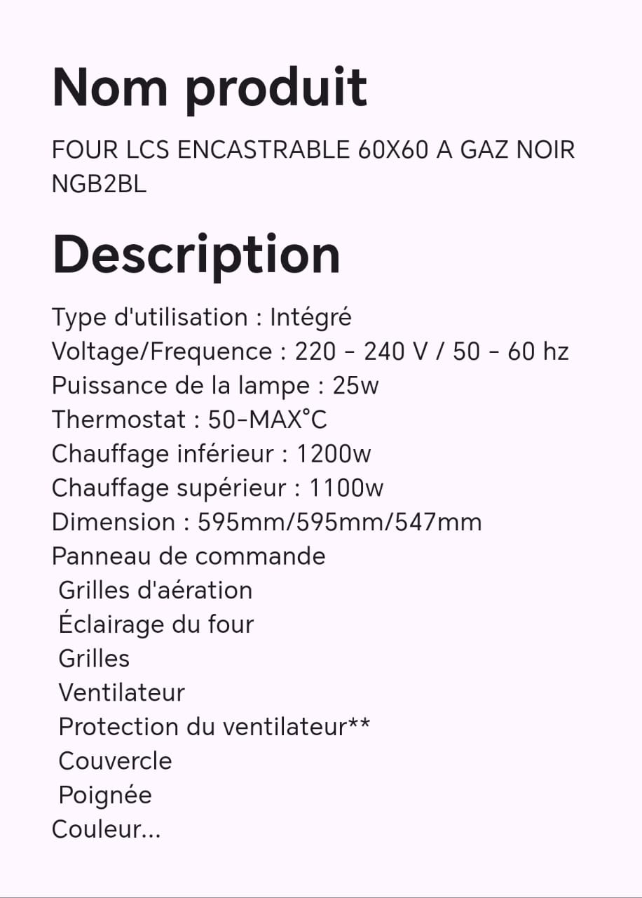 Four LCS encastrable 60X60 à gaz noir NGB2BL