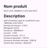 Split LAVA 18000BTU 2.5CV gaz R410