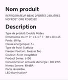 Réfrigérateur BEKO 2portes 230litres nofrost gris RDSO32X