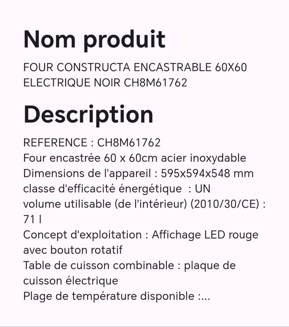 Four constructa encastrable 60X60 électrique noir CH8M61762