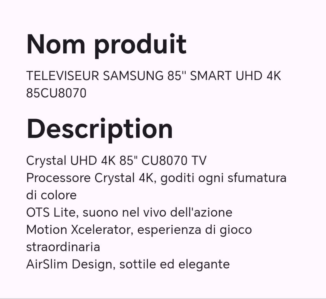 TELEVISEUR SAMSUNG 85" SMART UHD 4K 85CU8070